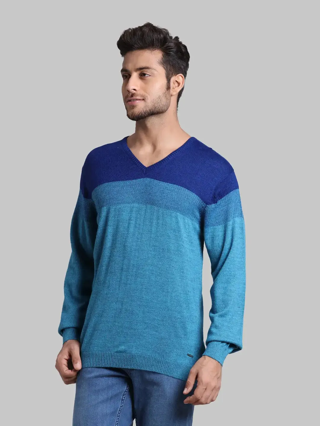 Men Green Regular Fit Stripe Wool Blend Full Sleeve V Neck Collar Sweaters