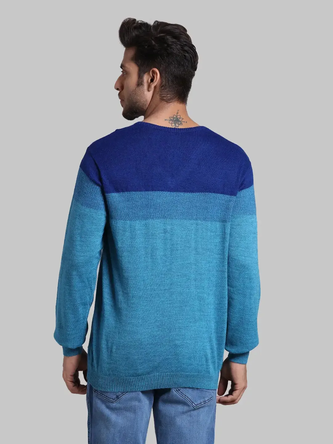 Men Green Regular Fit Stripe Wool Blend Full Sleeve V Neck Collar Sweaters