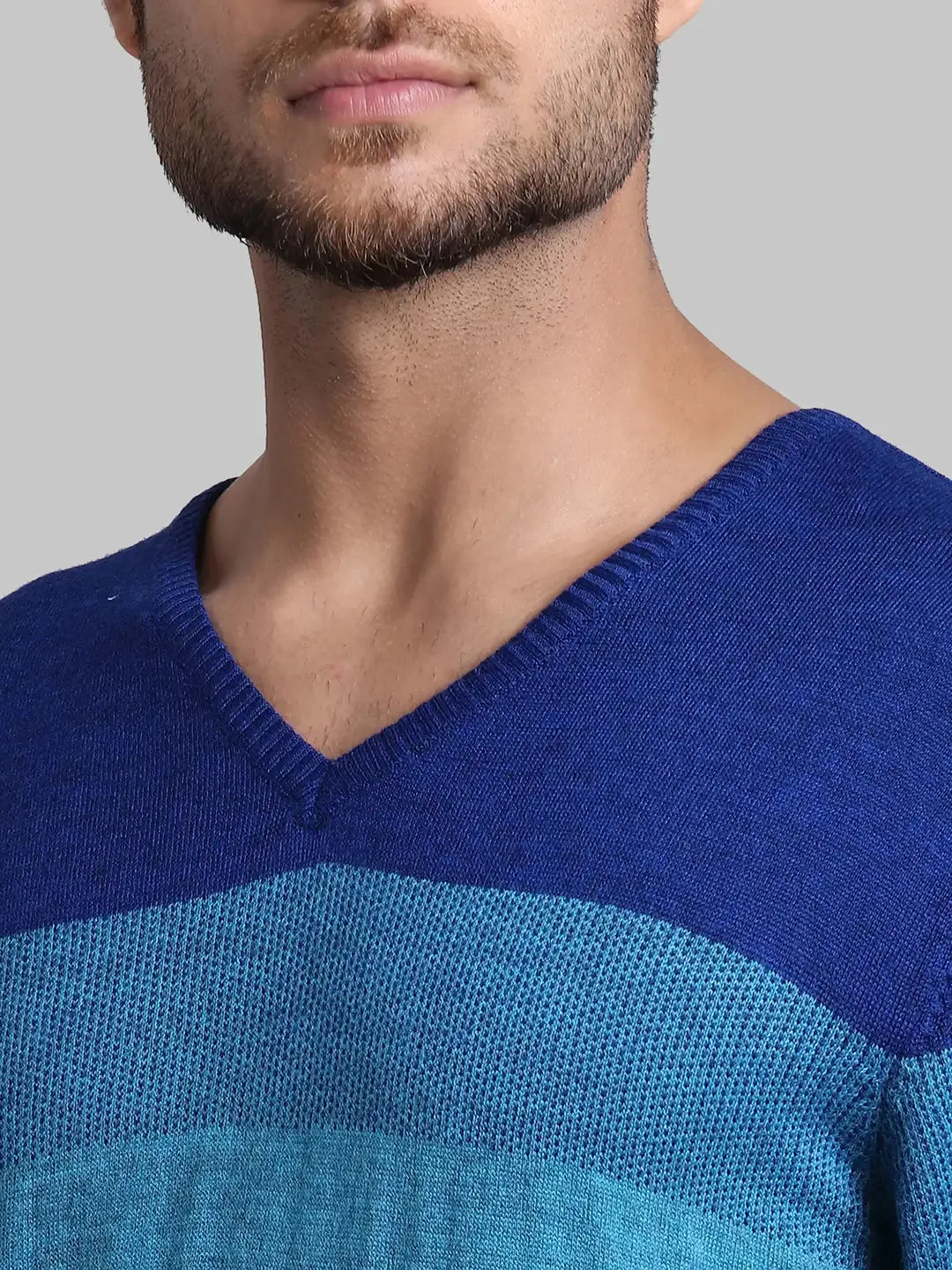 Men Green Regular Fit Stripe Wool Blend Full Sleeve V Neck Collar Sweaters