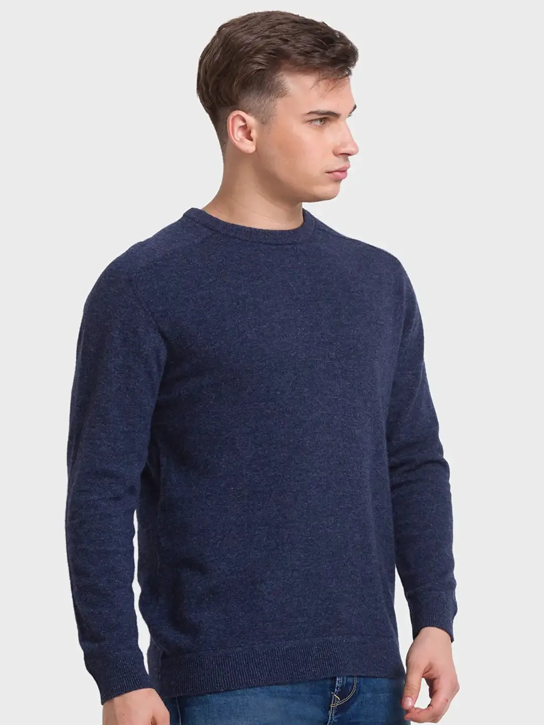 Men Navy Tailored Fit Solid Wool Blend Full Sleeve V Neck Collar Sweaters
