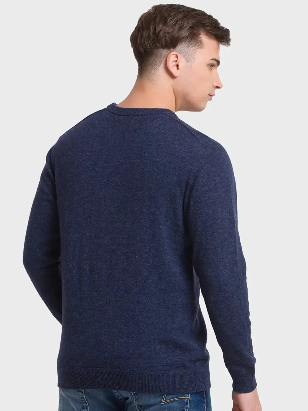 Men Navy Tailored Fit Solid Wool Blend Full Sleeve V Neck Collar Sweaters