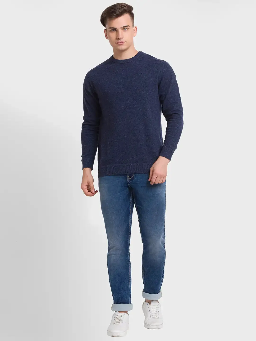 Men Navy Tailored Fit Solid Wool Blend Full Sleeve V Neck Collar Sweaters