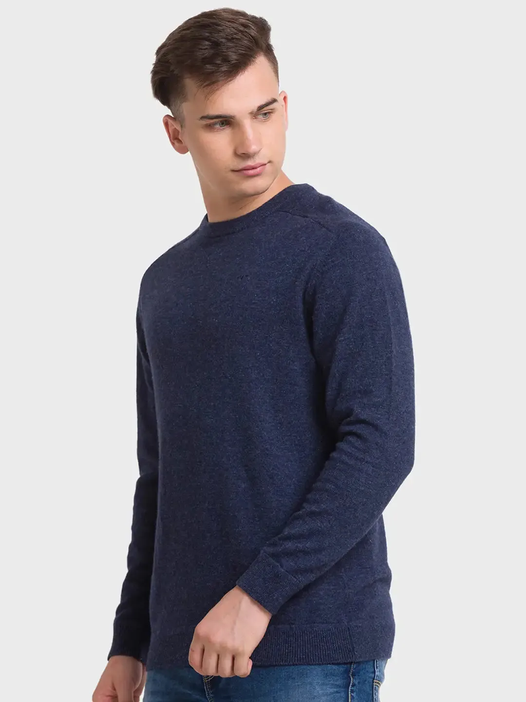 Men Navy Tailored Fit Solid Wool Blend Full Sleeve V Neck Collar Sweaters
