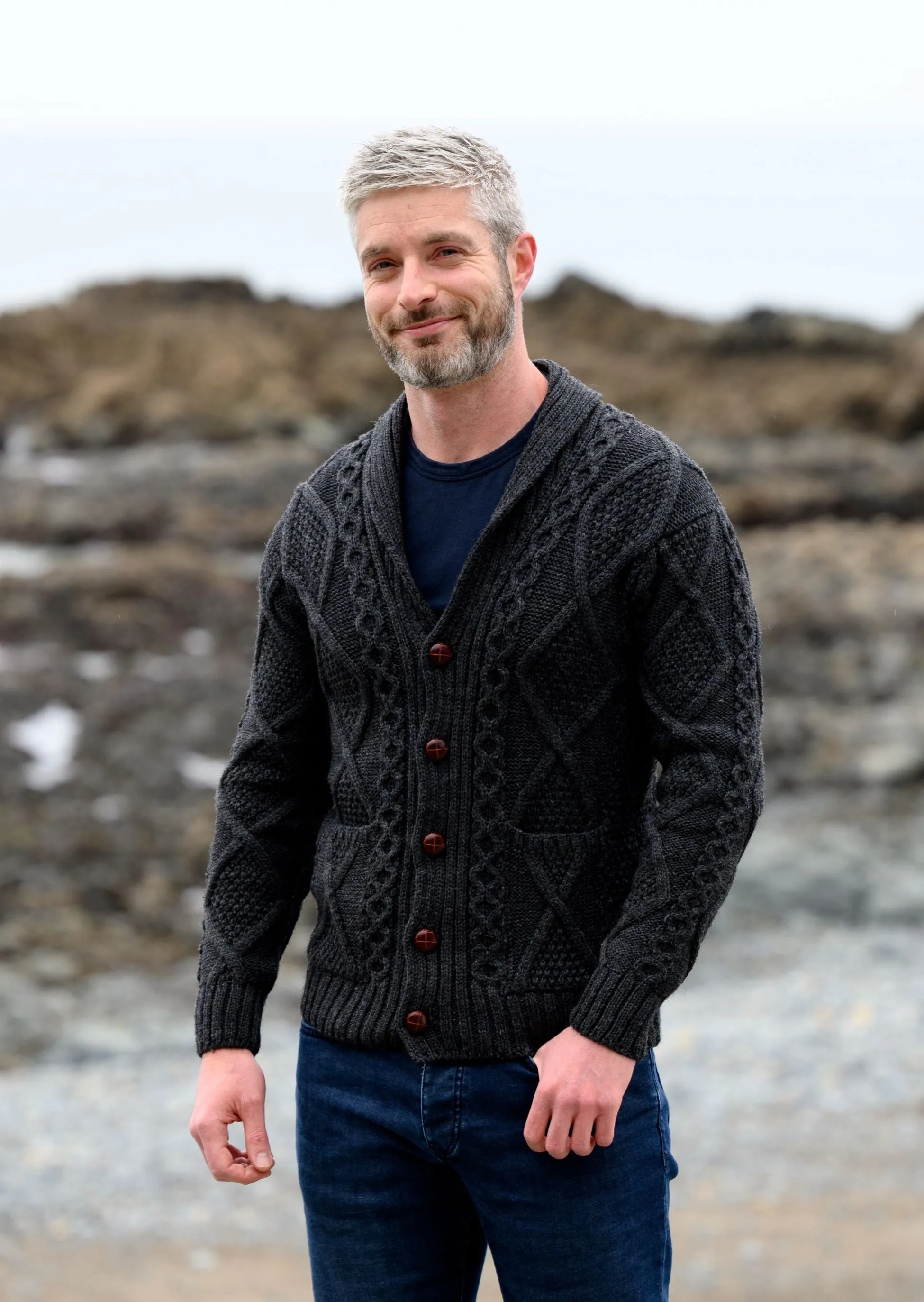 Men's Shawl Button Cardigan | Charcoal