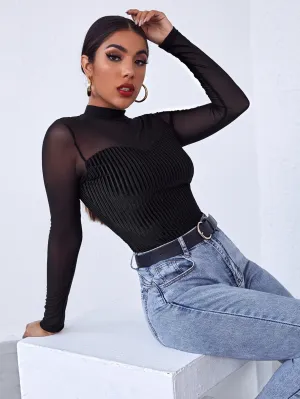 Mock-neck Mesh Yoke Velvet Tee