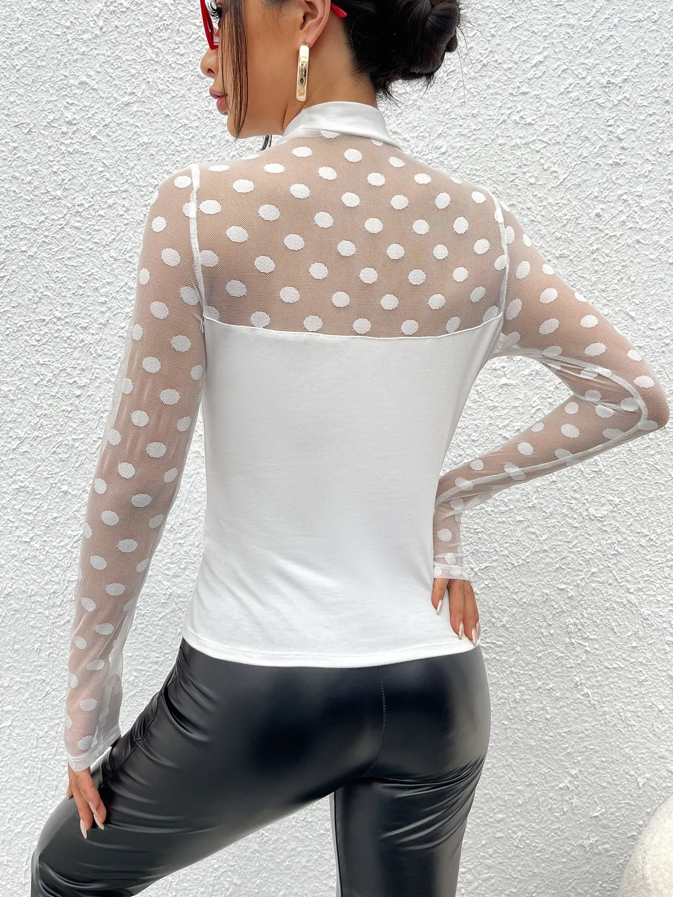 Mock-neck Sheer Dobby Mesh Yoke Fitted Top