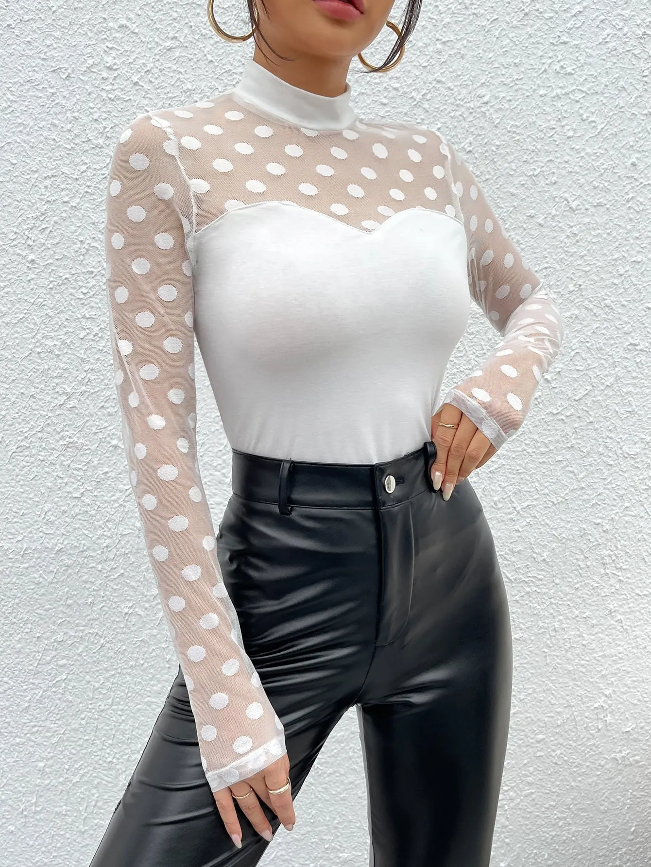 Mock-neck Sheer Dobby Mesh Yoke Fitted Top