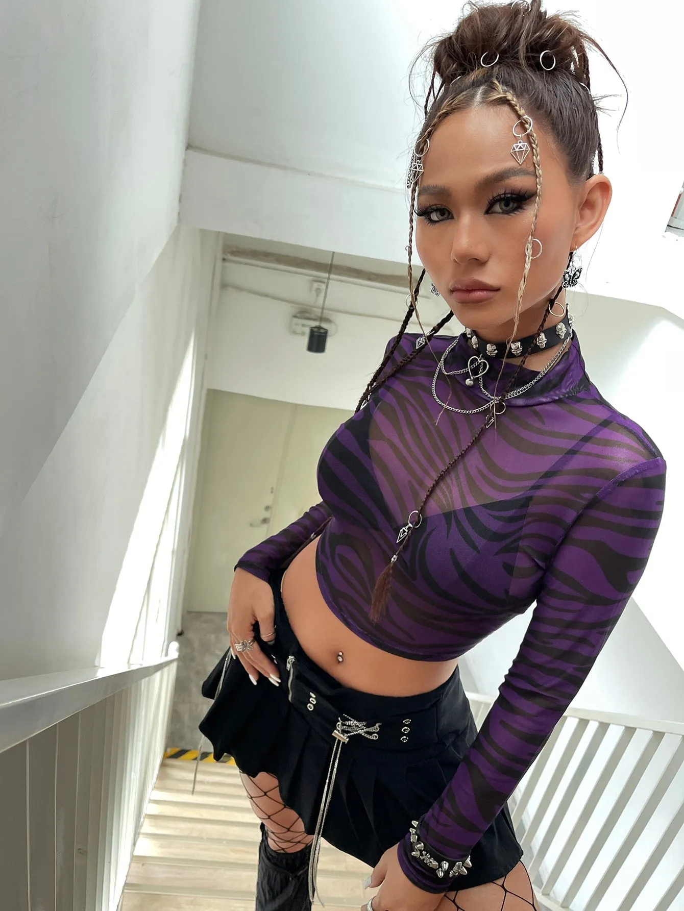 Mock Neck Zebra Striped Sheer Mesh Top Without Bra
