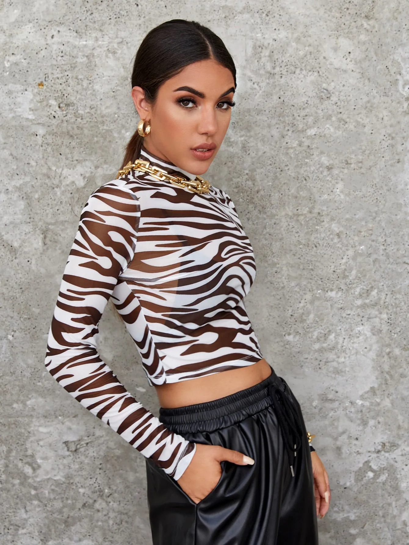 Mock Neck Zebra Striped Sheer Mesh Top Without Bra