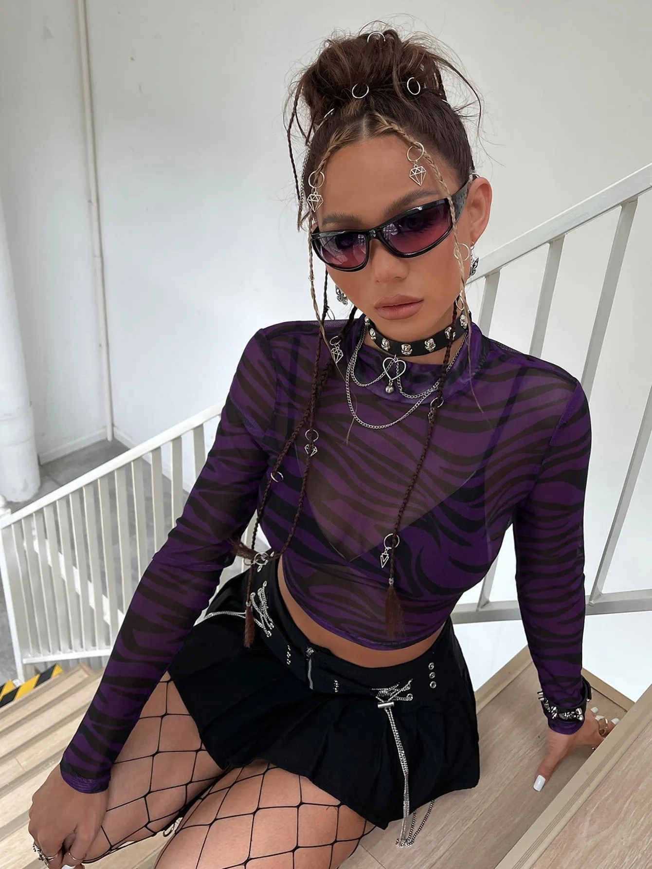 Mock Neck Zebra Striped Sheer Mesh Top Without Bra