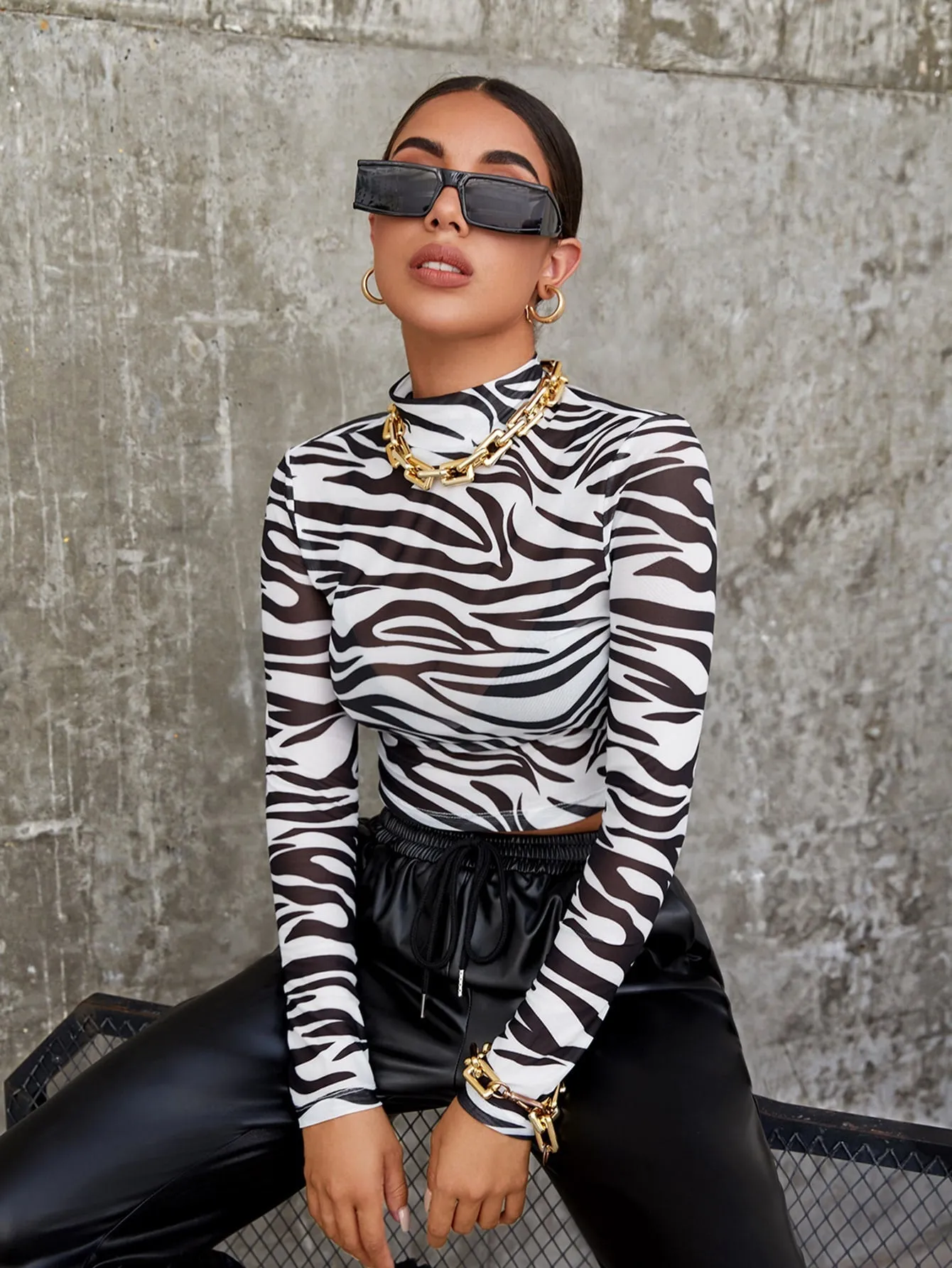 Mock Neck Zebra Striped Sheer Mesh Top Without Bra
