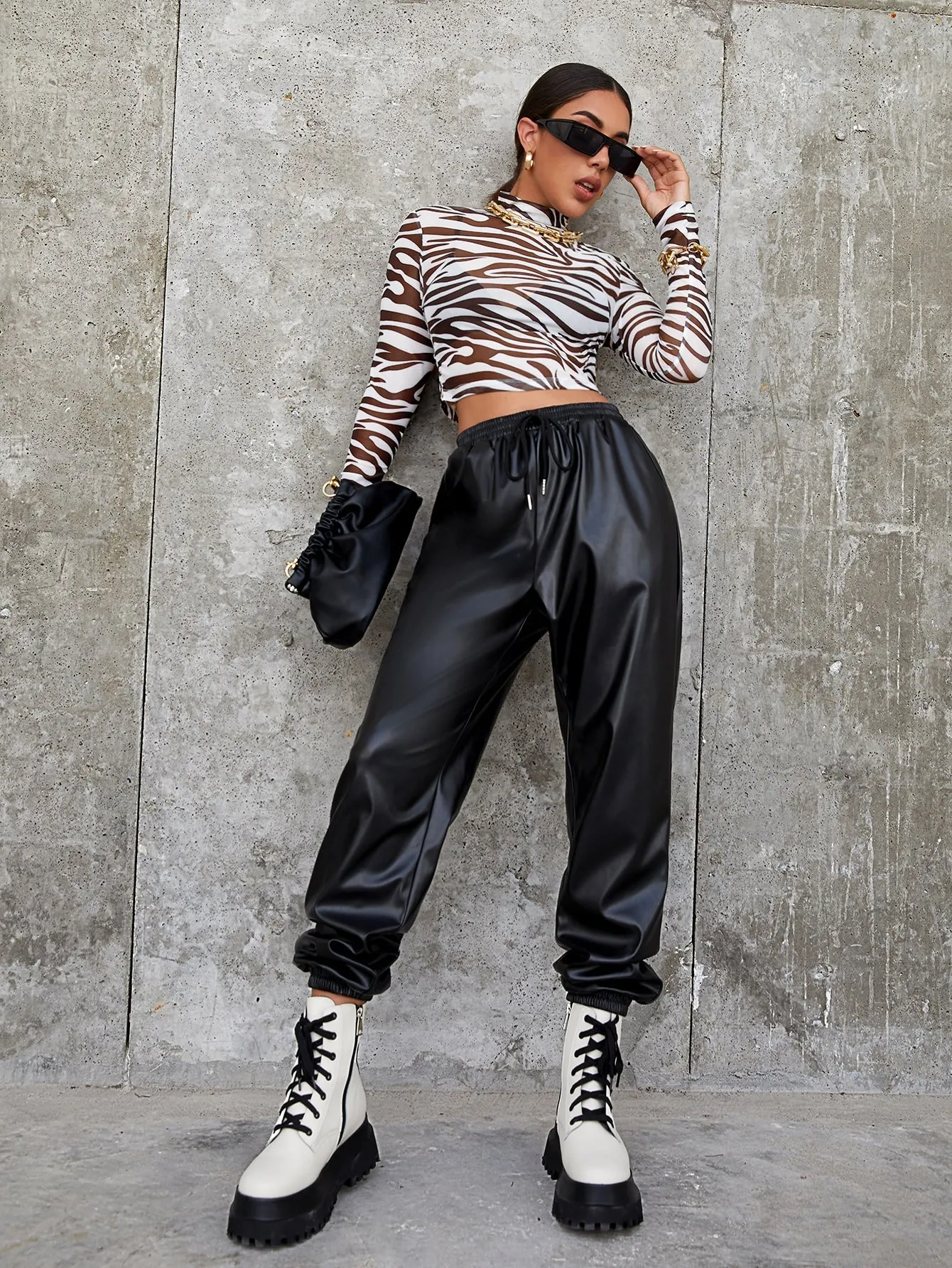 Mock Neck Zebra Striped Sheer Mesh Top Without Bra