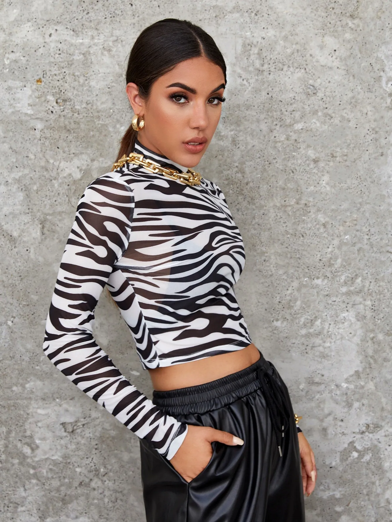 Mock Neck Zebra Striped Sheer Mesh Top Without Bra