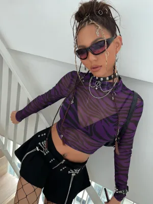 Mock Neck Zebra Striped Sheer Mesh Top Without Bra