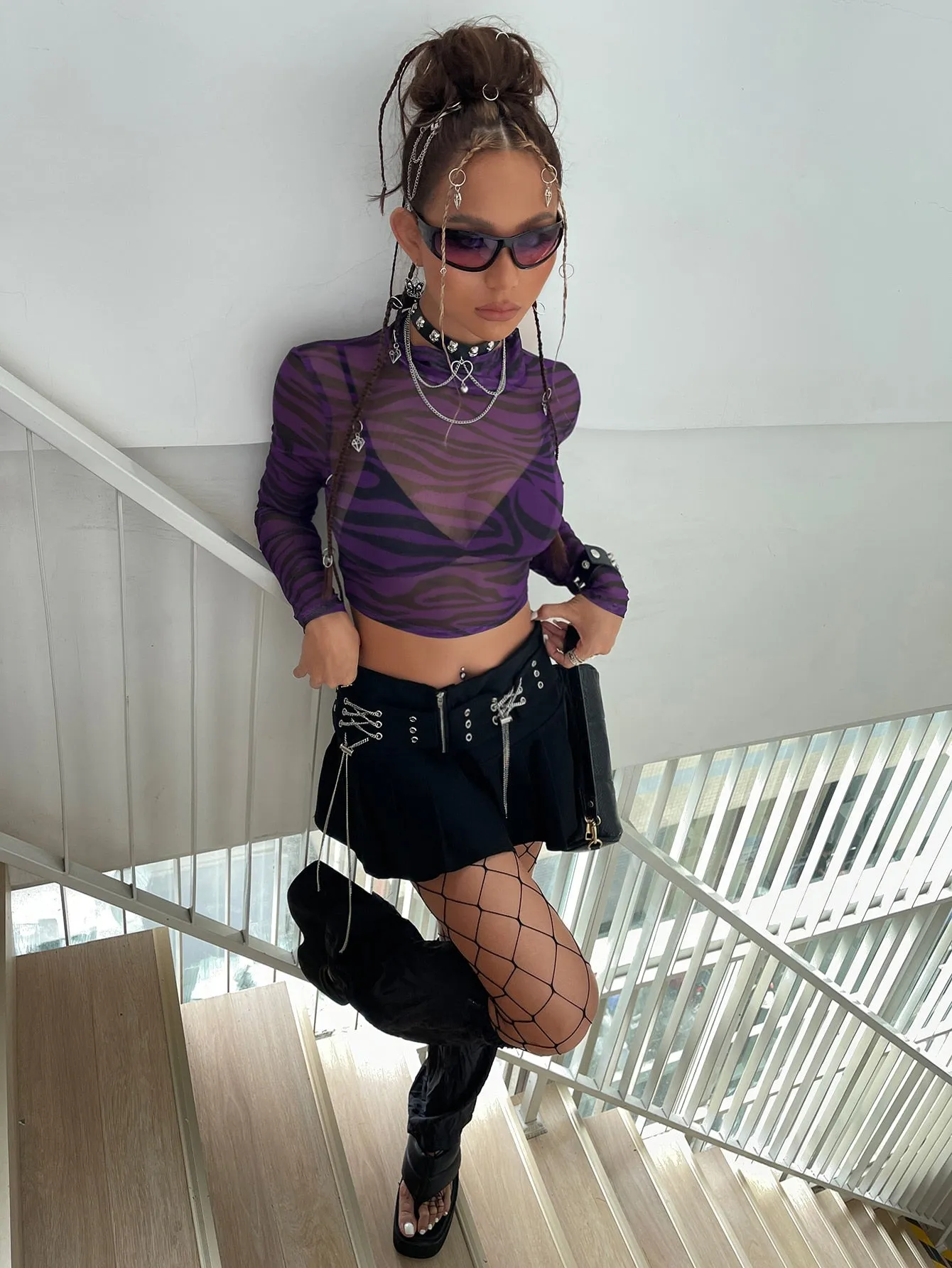Mock Neck Zebra Striped Sheer Mesh Top Without Bra