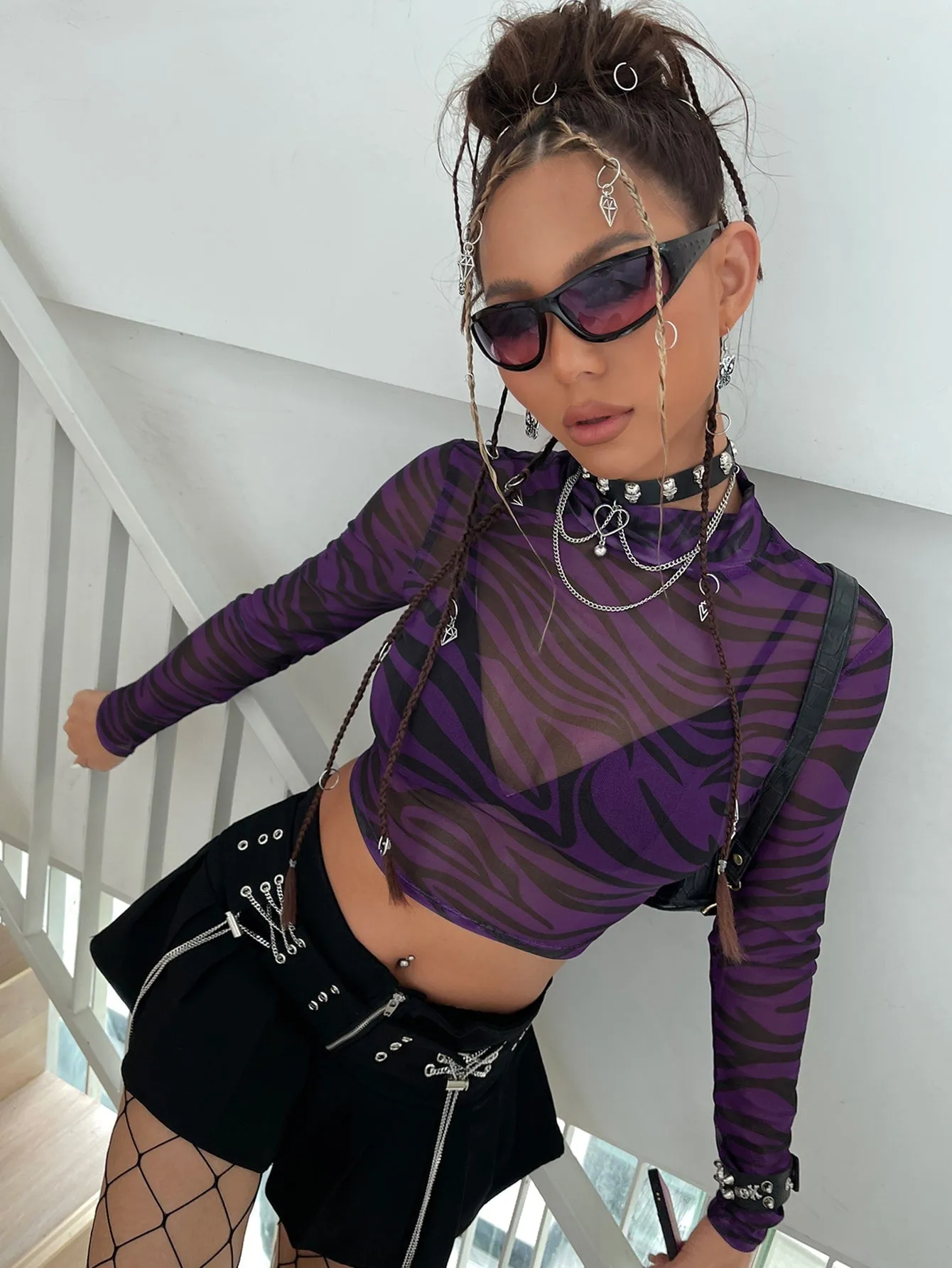Mock Neck Zebra Striped Sheer Mesh Top Without Bra