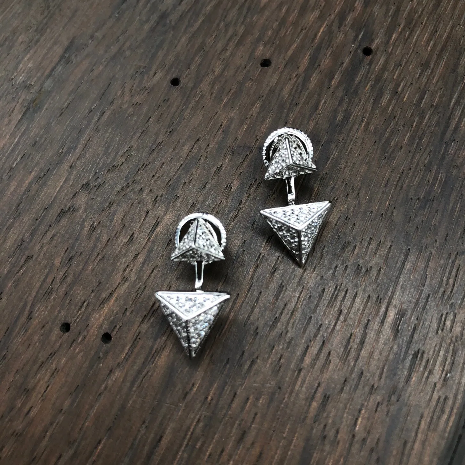 Pavé cz 3D triangle stud earrings with triangle jackets