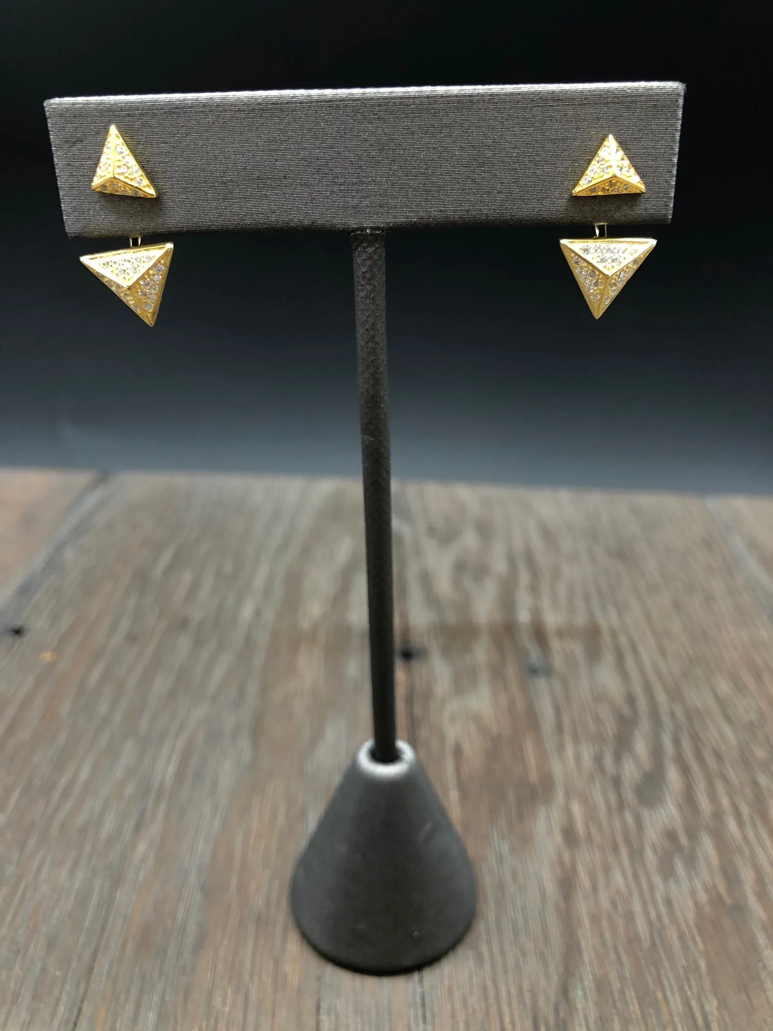 Pavé cz 3D triangle stud earrings with triangle jackets