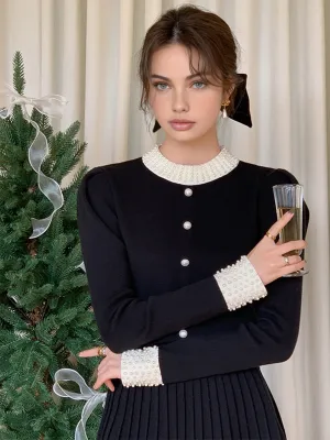 Pearl Beaded Contrast Trendy Trim Button Knit Top