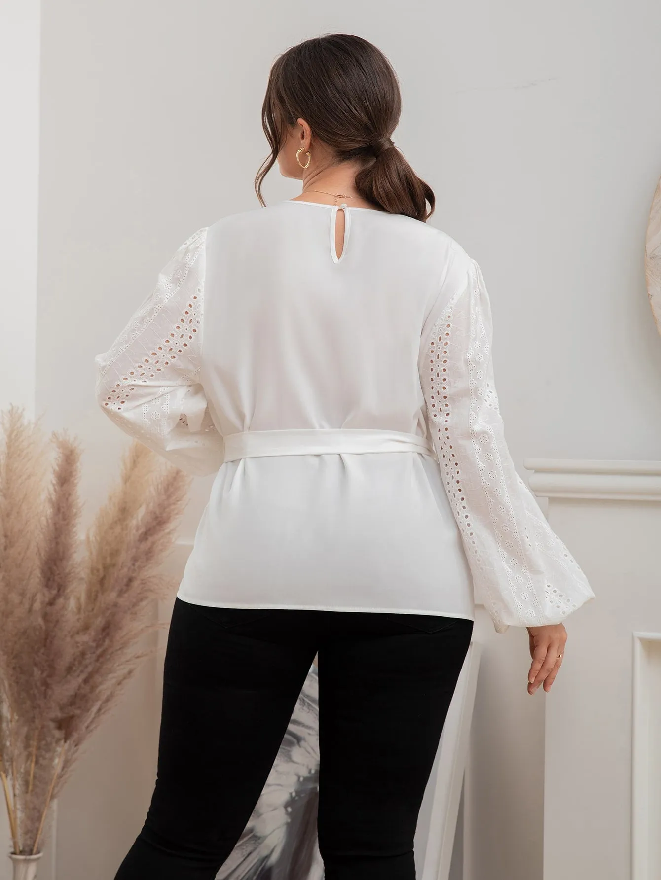 Plain Eyelet Embroidery Long Sleeve Round Neck Regular Plus Size Blouse