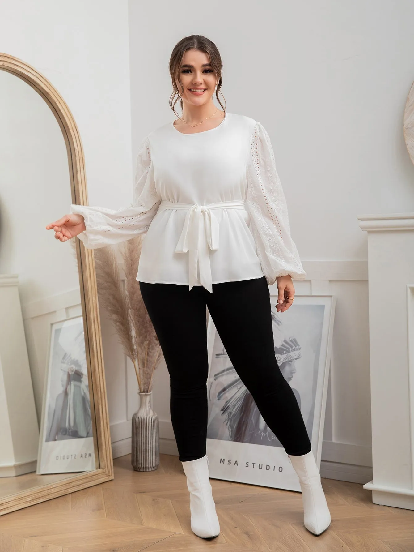 Plain Eyelet Embroidery Long Sleeve Round Neck Regular Plus Size Blouse
