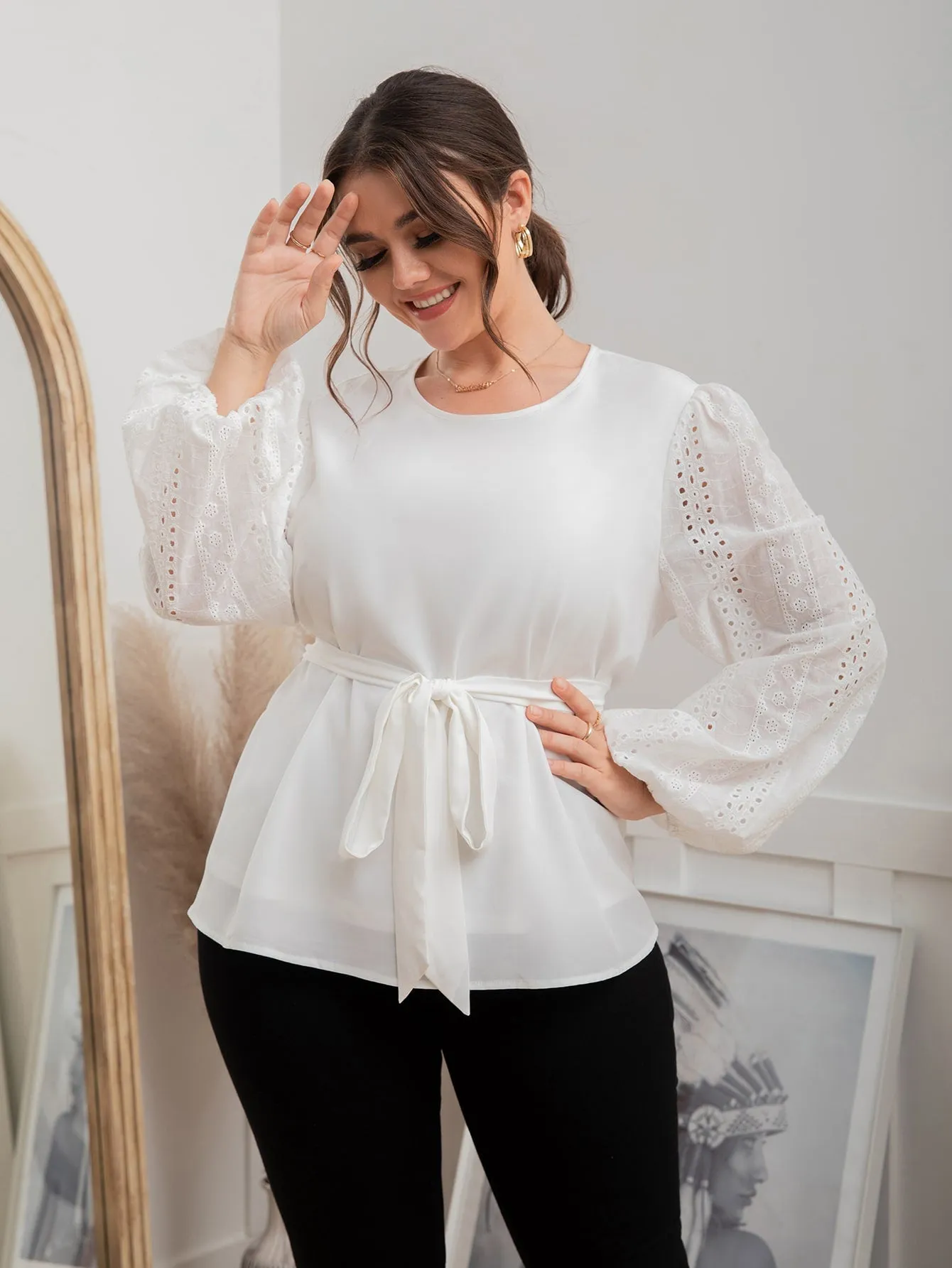 Plain Eyelet Embroidery Long Sleeve Round Neck Regular Plus Size Blouse
