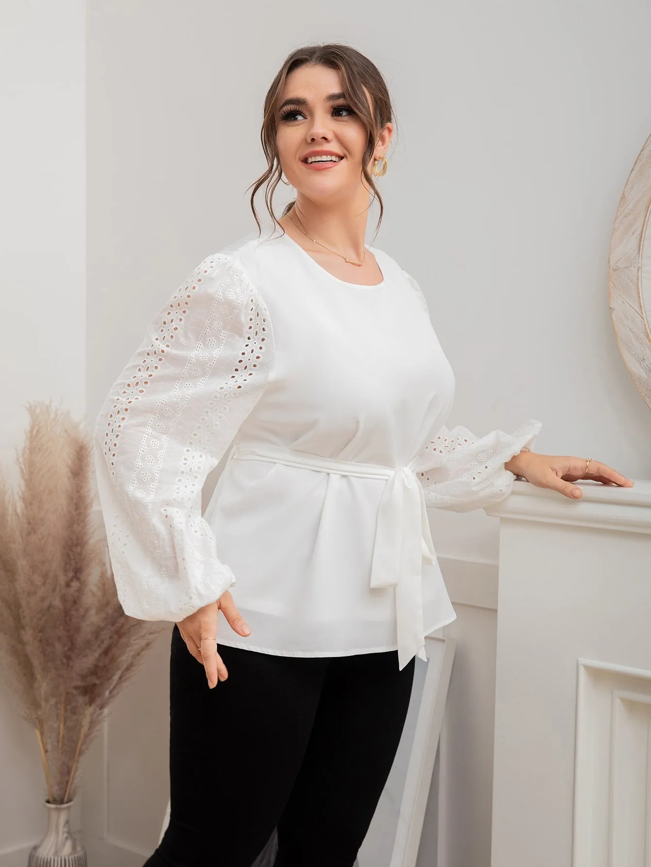 Plain Eyelet Embroidery Long Sleeve Round Neck Regular Plus Size Blouse