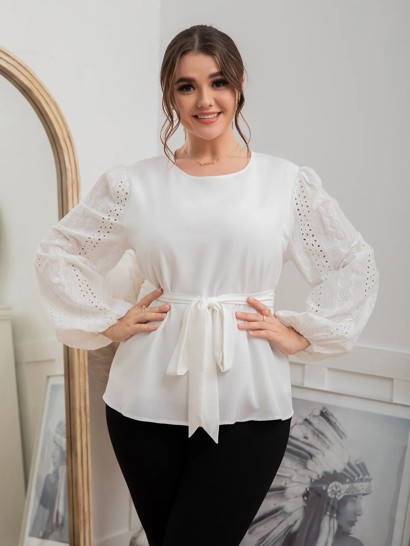 Plain Eyelet Embroidery Long Sleeve Round Neck Regular Plus Size Blouse