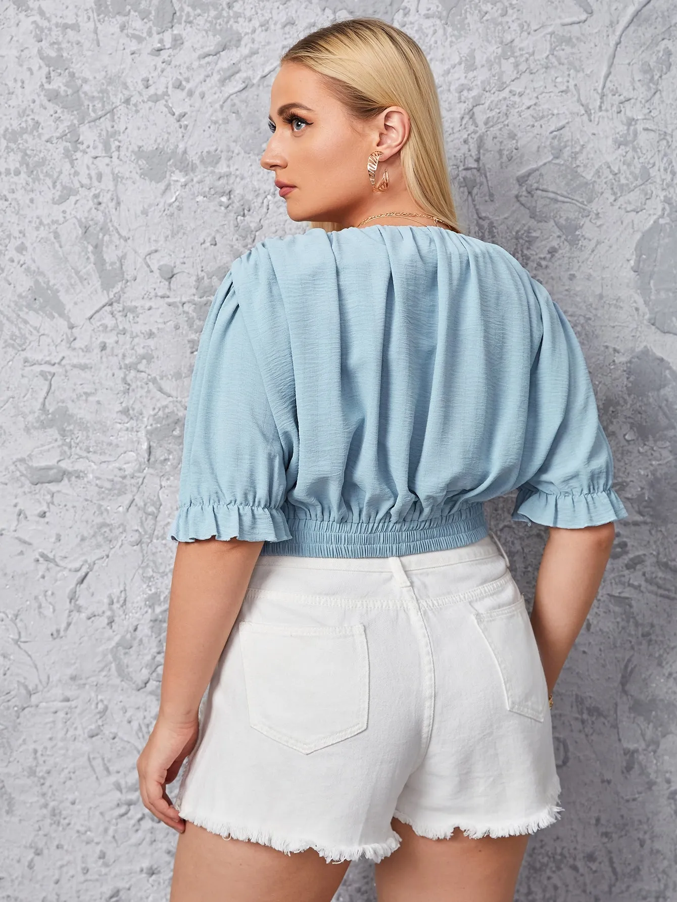 Plain Ring Short Sleeve Deep V Neck Crop Plus Size Blouse