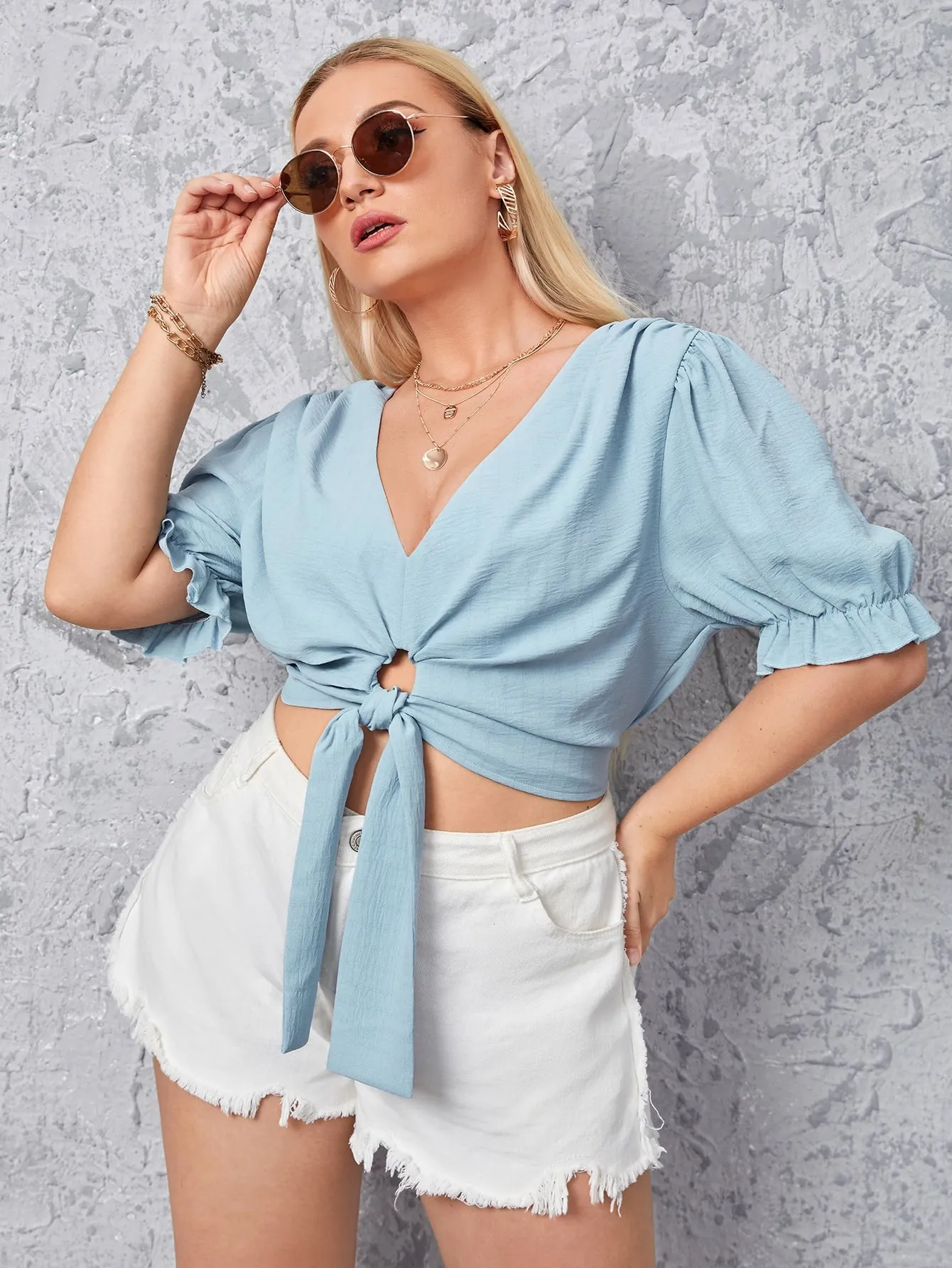 Plain Ring Short Sleeve Deep V Neck Crop Plus Size Blouse