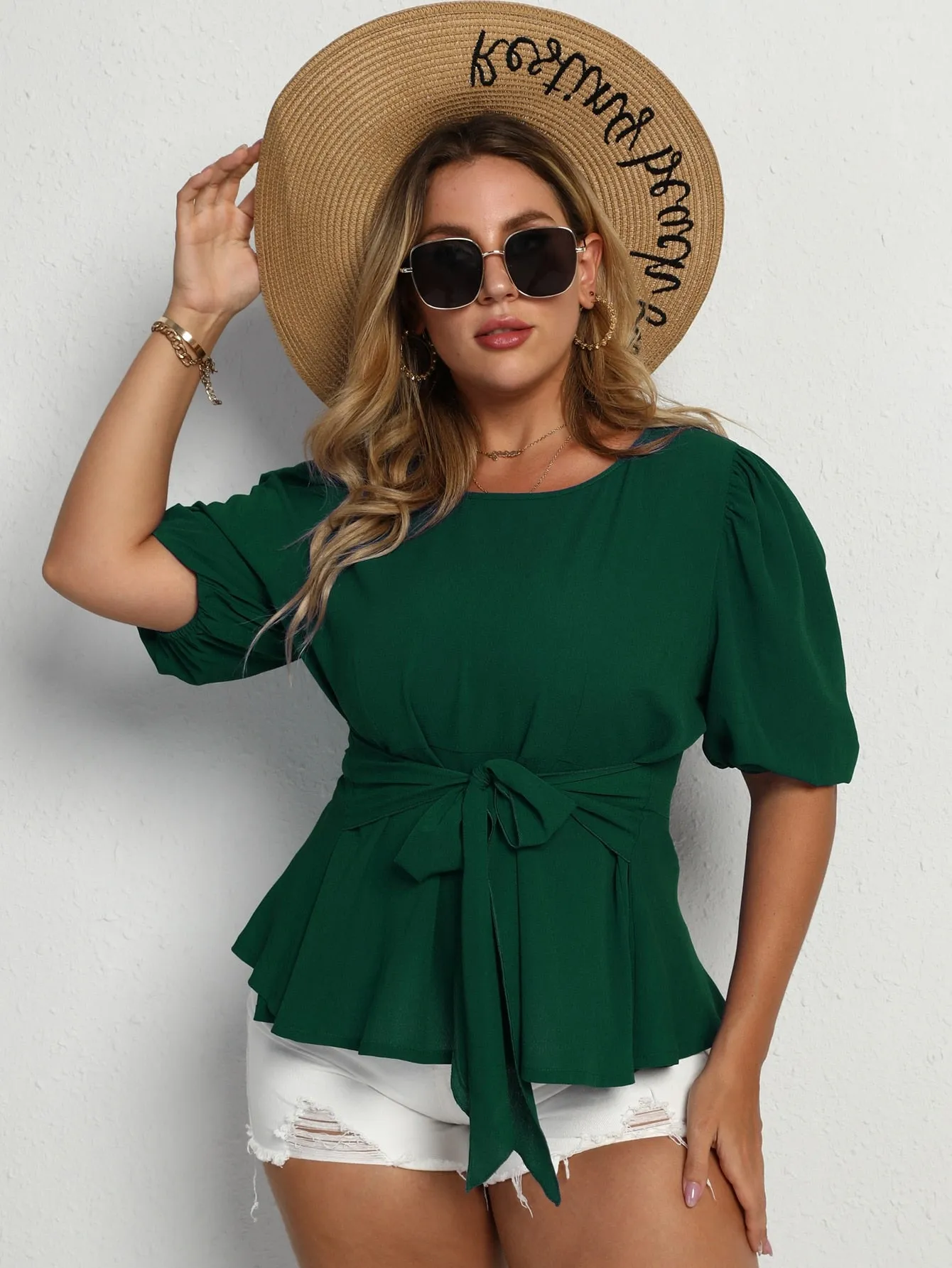 Plain Ruffle Hem Half Sleeve Round Neck Regular Plus Size Blouse
