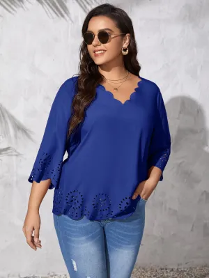 Plain Three Quarter Length Sleeve V Neck Regular Plus Size Blouse