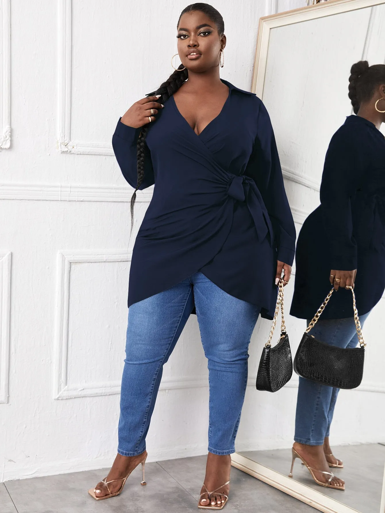Plain Tie Front Long Sleeve Deep V Neck Long Plus Size Blouse