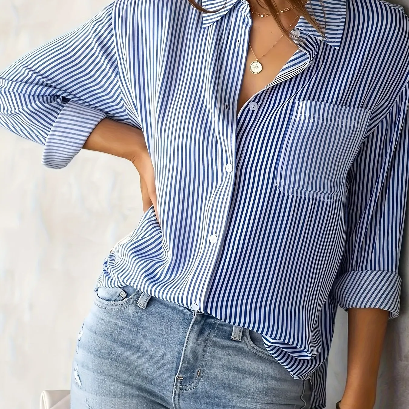 Plus Size Striped Print Shirt - Relaxed Fit Casual Style with Long Sleeve and Classic Button Front Closure - Designed for Plus Size Women, Perfect for Everyday Wear