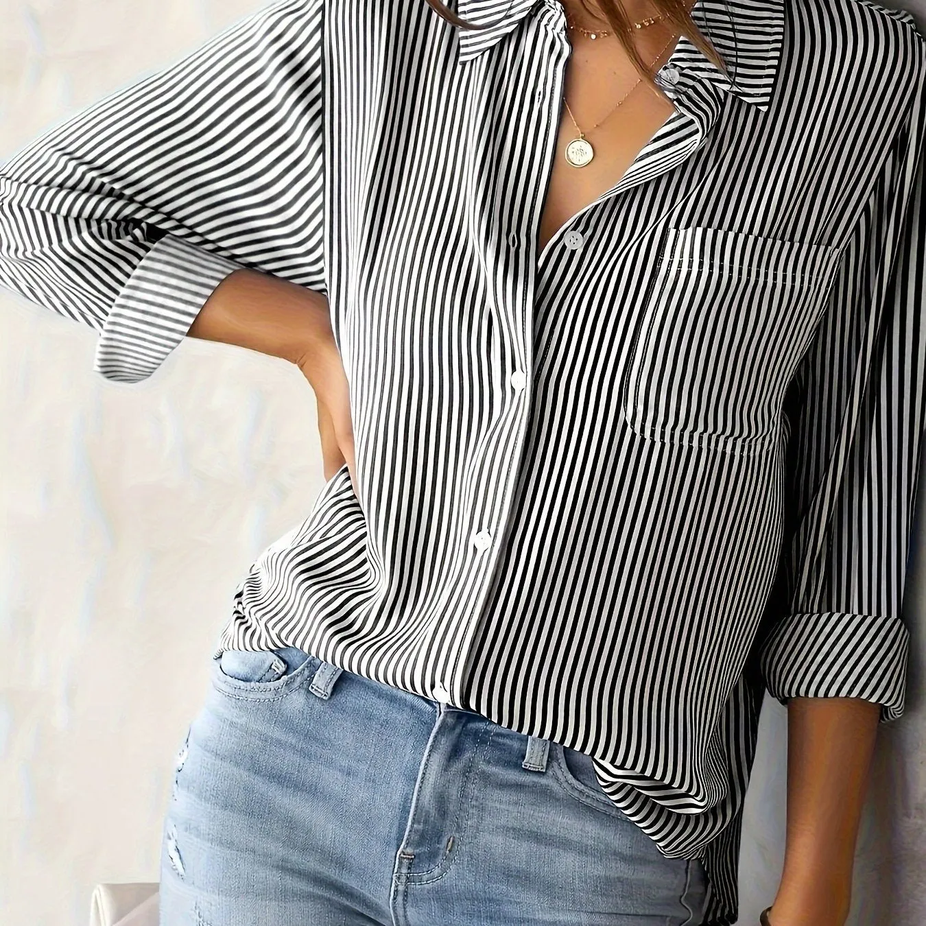 Plus Size Striped Print Shirt - Relaxed Fit Casual Style with Long Sleeve and Classic Button Front Closure - Designed for Plus Size Women, Perfect for Everyday Wear