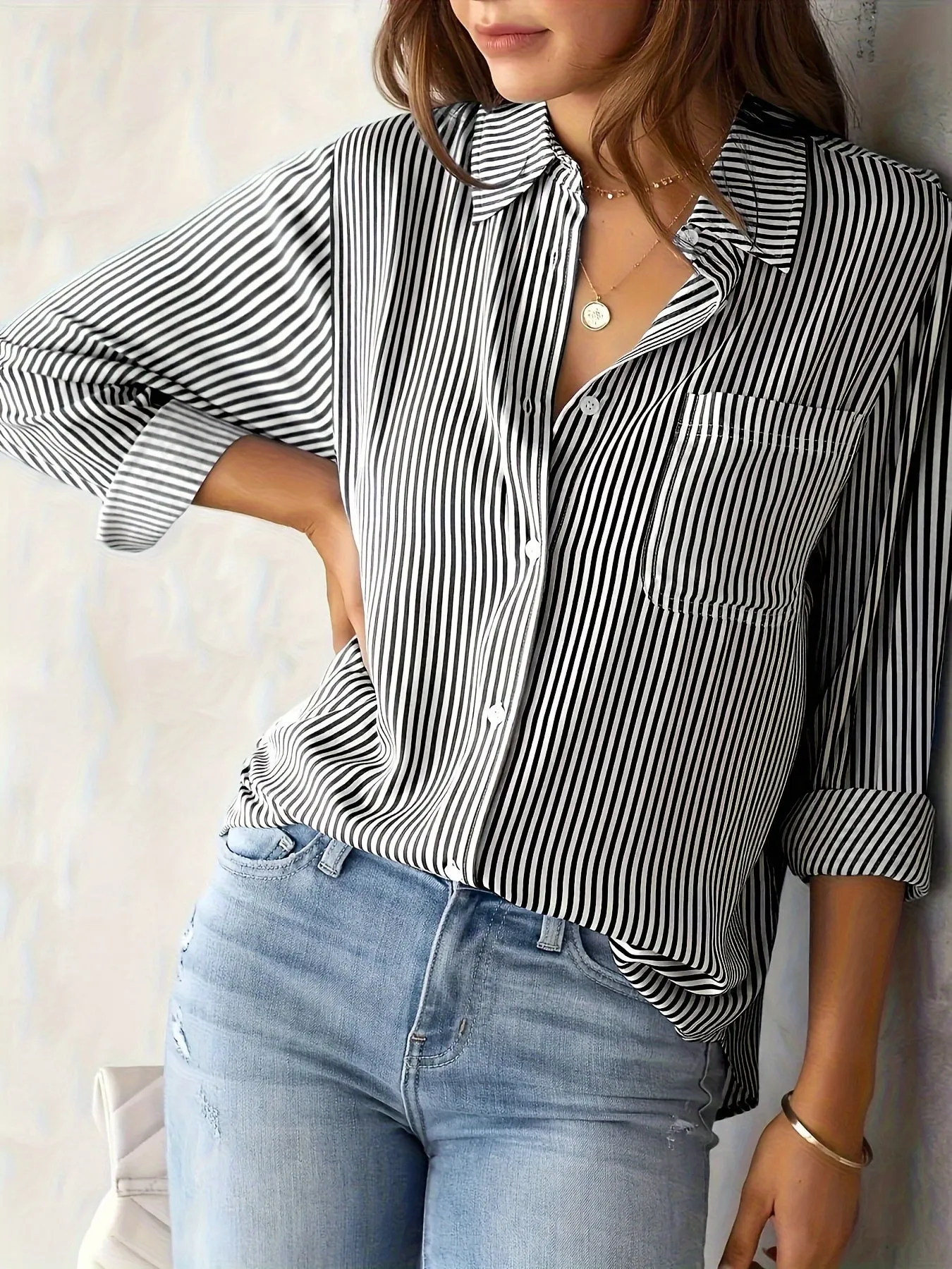 Plus Size Striped Print Shirt - Relaxed Fit Casual Style with Long Sleeve and Classic Button Front Closure - Designed for Plus Size Women, Perfect for Everyday Wear