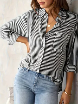 Plus Size Striped Print Shirt - Relaxed Fit Casual Style with Long Sleeve and Classic Button Front Closure - Designed for Plus Size Women, Perfect for Everyday Wear