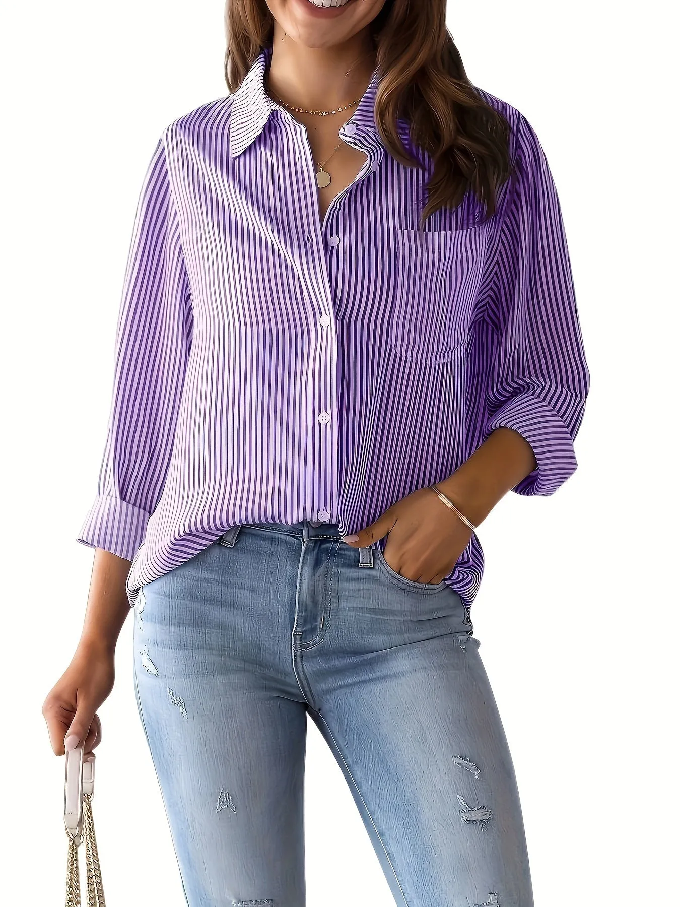 Plus Size Striped Print Shirt - Relaxed Fit Casual Style with Long Sleeve and Classic Button Front Closure - Designed for Plus Size Women, Perfect for Everyday Wear