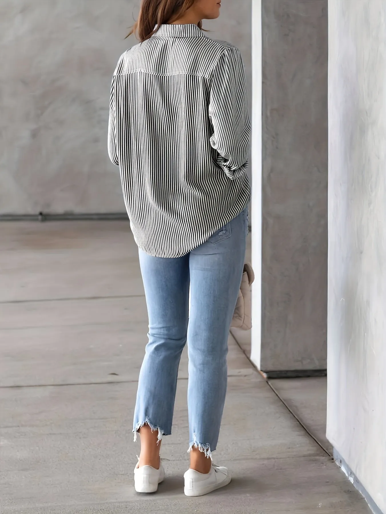 Plus Size Striped Print Shirt - Relaxed Fit Casual Style with Long Sleeve and Classic Button Front Closure - Designed for Plus Size Women, Perfect for Everyday Wear