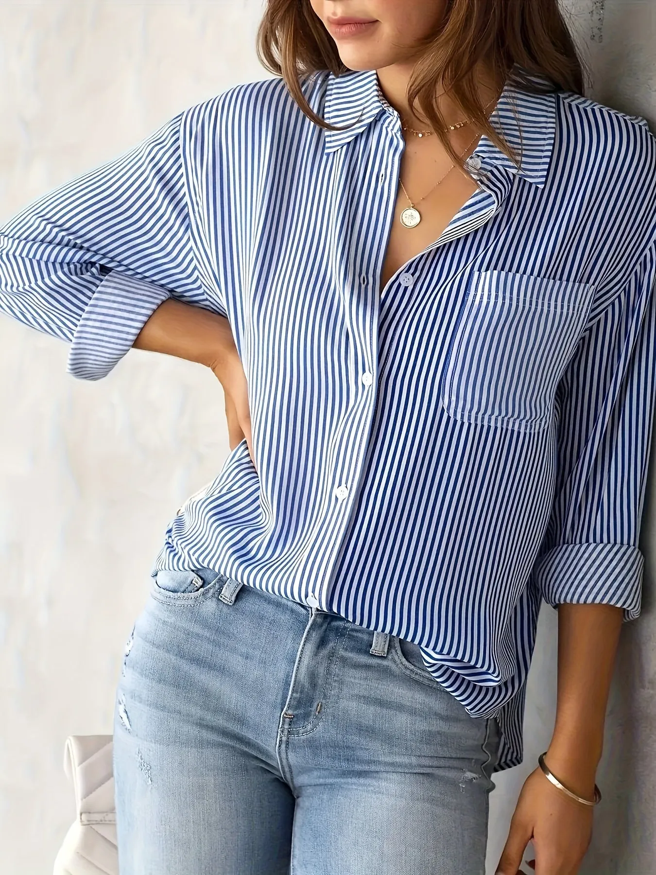 Plus Size Striped Print Shirt - Relaxed Fit Casual Style with Long Sleeve and Classic Button Front Closure - Designed for Plus Size Women, Perfect for Everyday Wear