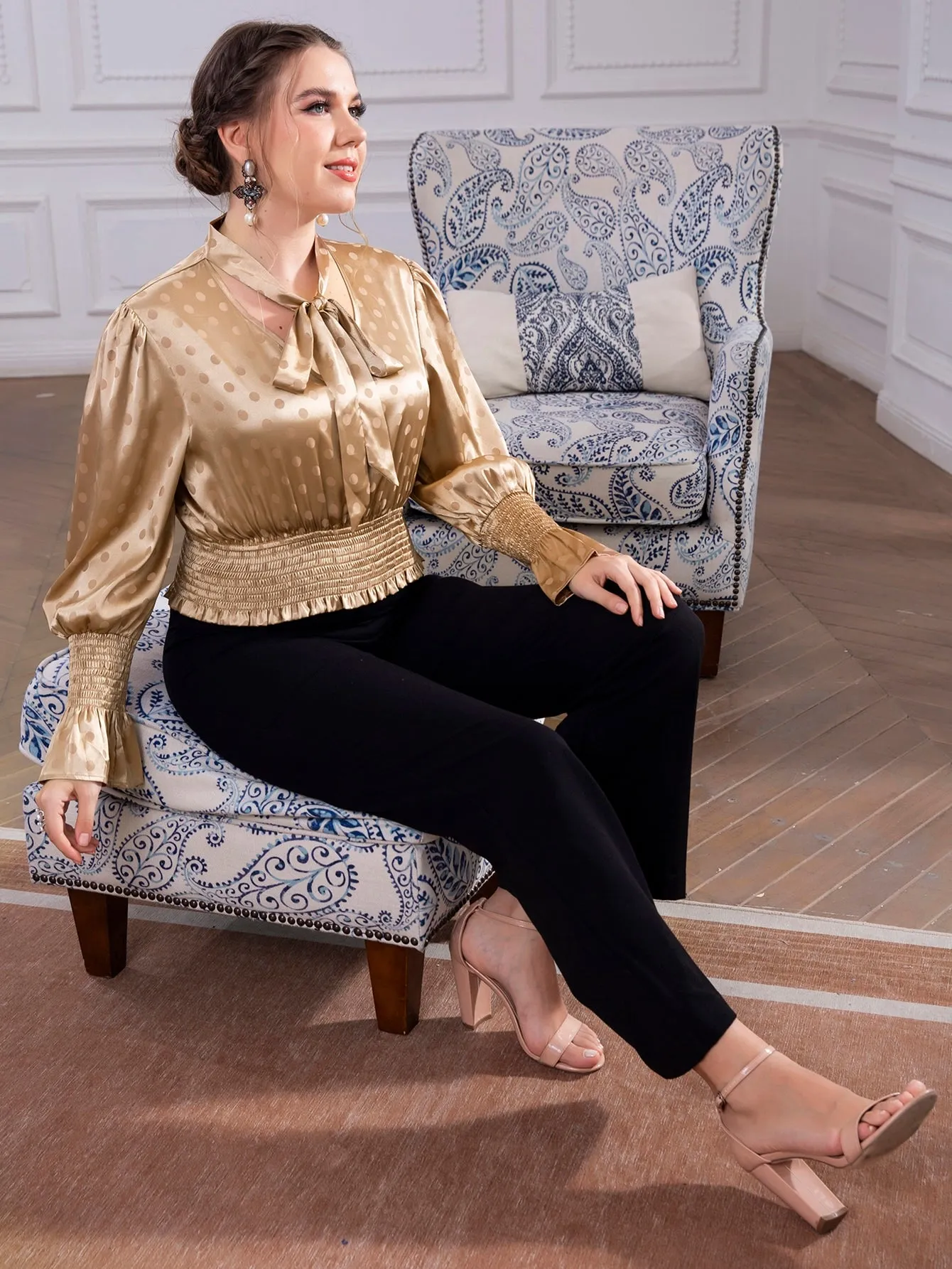 Polka Dot Tie Front Long Sleeve Tie Neck Regular Plus Size Blouse