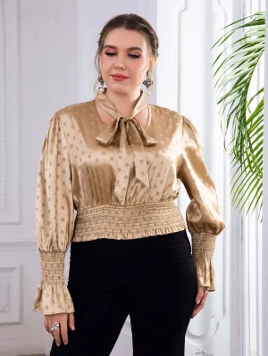 Polka Dot Tie Front Long Sleeve Tie Neck Regular Plus Size Blouse