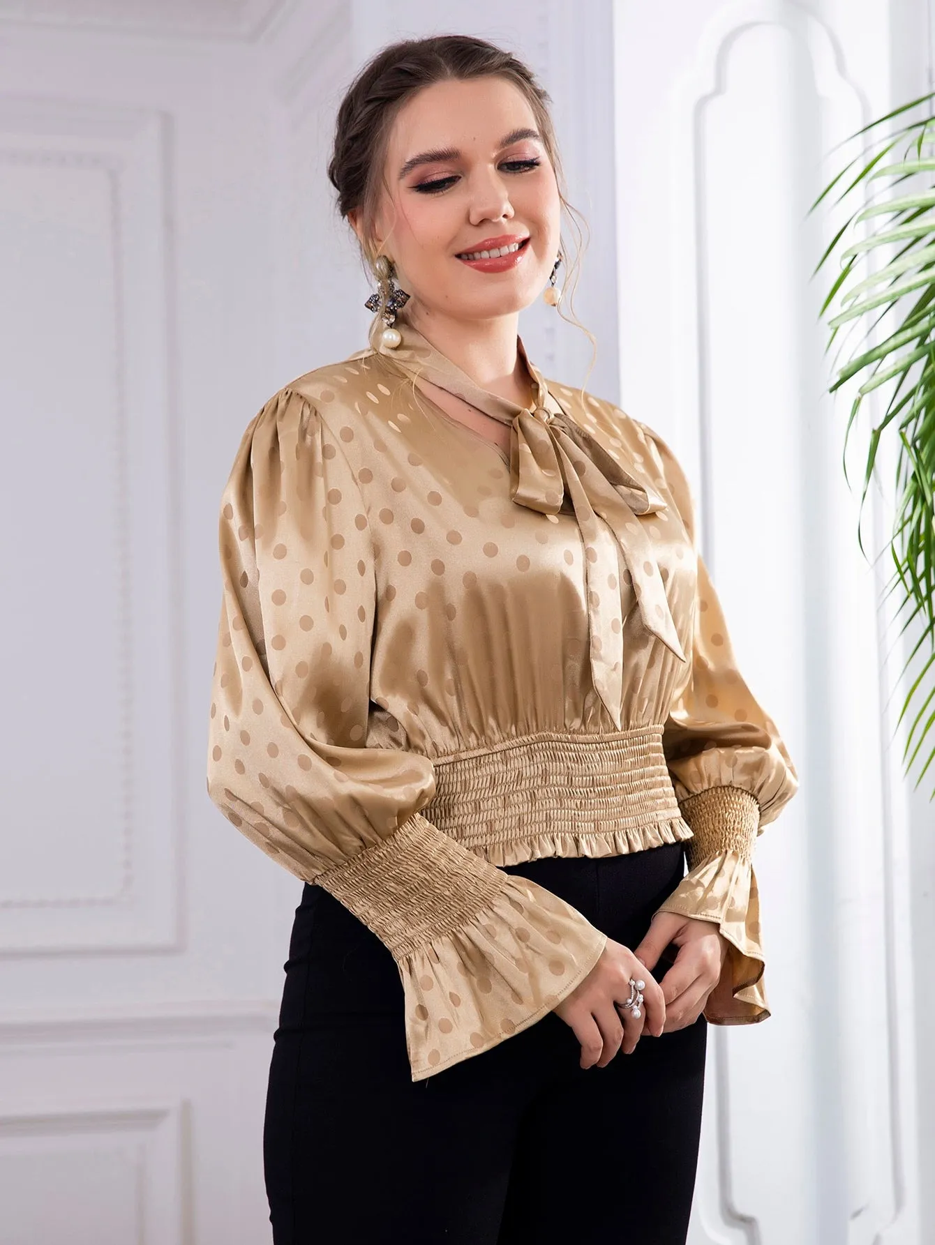 Polka Dot Tie Front Long Sleeve Tie Neck Regular Plus Size Blouse