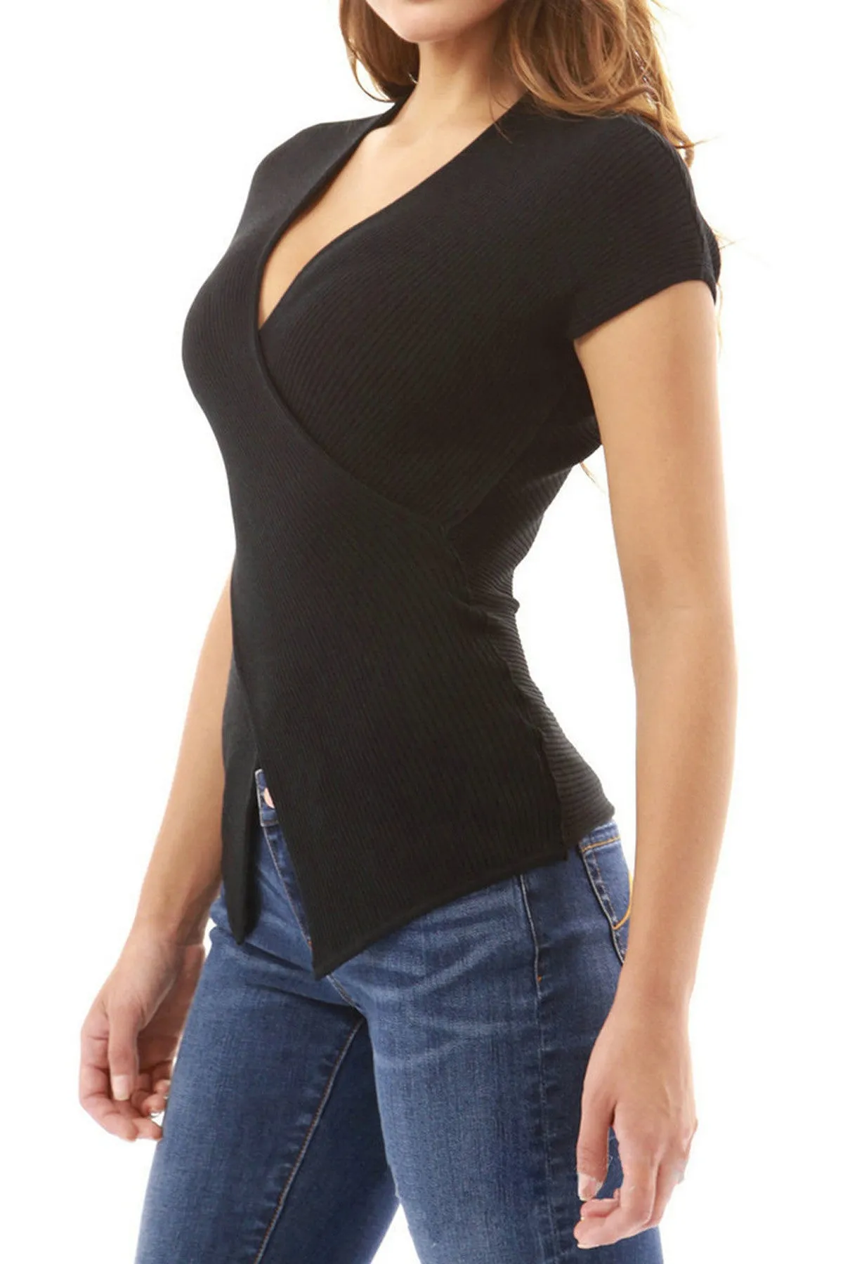 Pure Color Deep V-neck Short Sleeves T-shirt