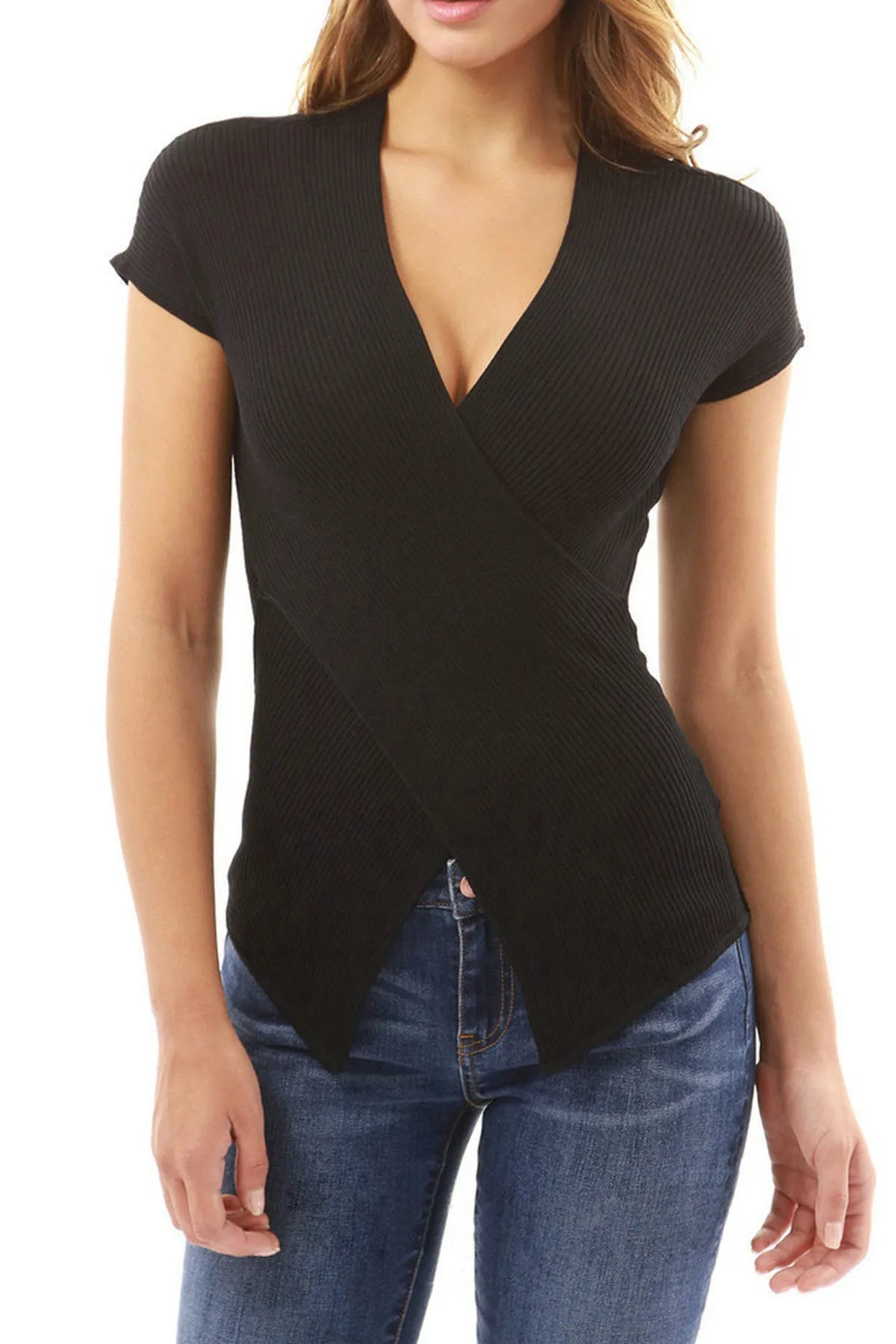 Pure Color Deep V-neck Short Sleeves T-shirt