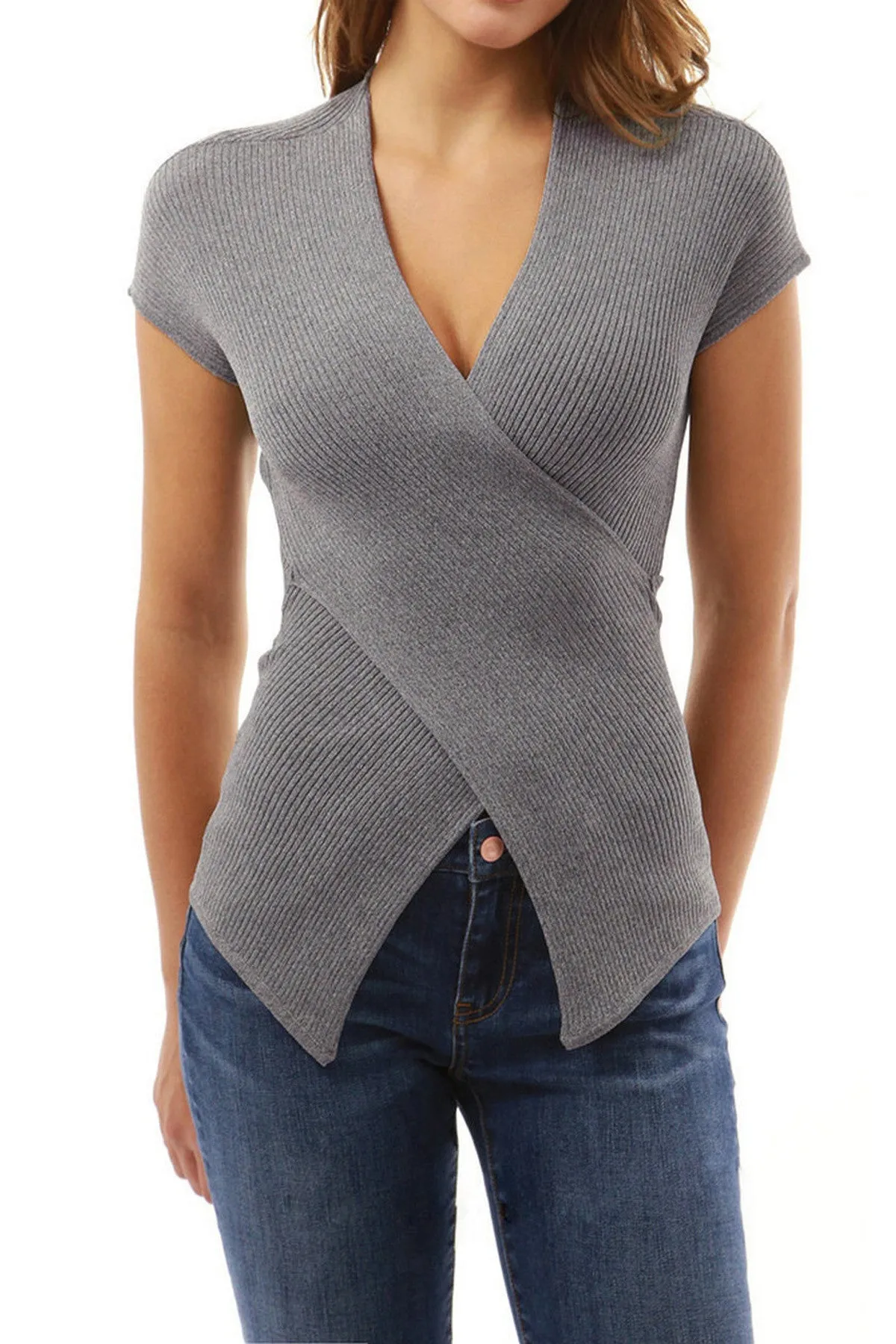 Pure Color Deep V-neck Short Sleeves T-shirt