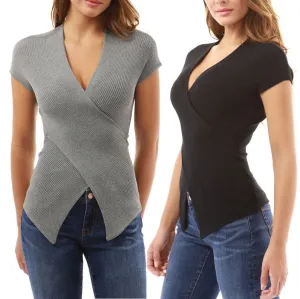 Pure Color Deep V-neck Short Sleeves T-shirt