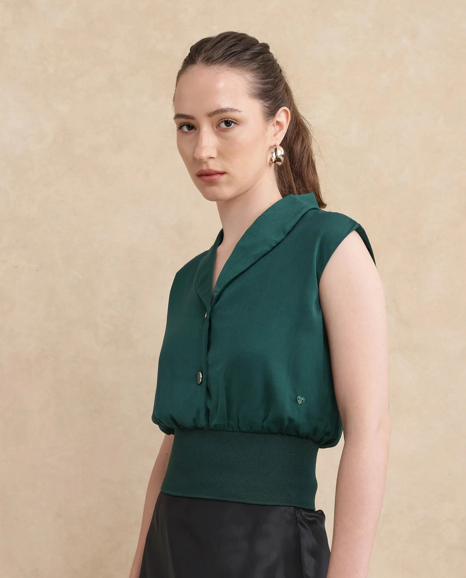 Rareism Women Srat Green Satin Sleeveless Shawl Neck Button Closure Regular Fit Plain Top