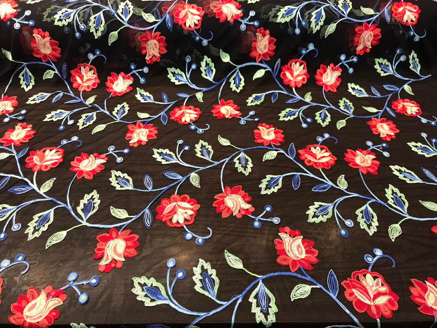 Red Multi Color Floral Design Embroidery on Black Mesh Lace-Dresses-prom-nightgown-Sold by the yard