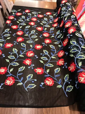 Red Multi Color Floral Design Embroidery on Black Mesh Lace-Dresses-prom-nightgown-Sold by the yard